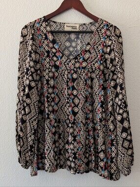 Savanna Jane Black Aztec Print  Colorful Embroidered Long Sleeve Flowy Blouse S